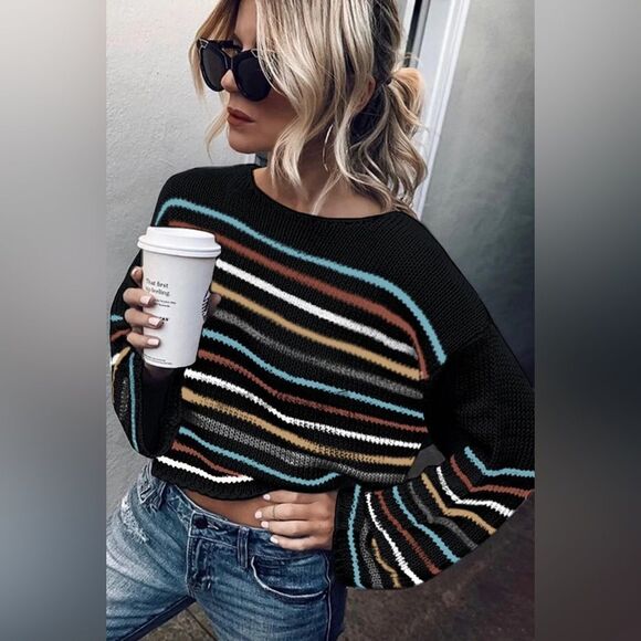 Lattes and Leaves Black Rainbow Stripe Pattern Sweater - Picture 1 of 10